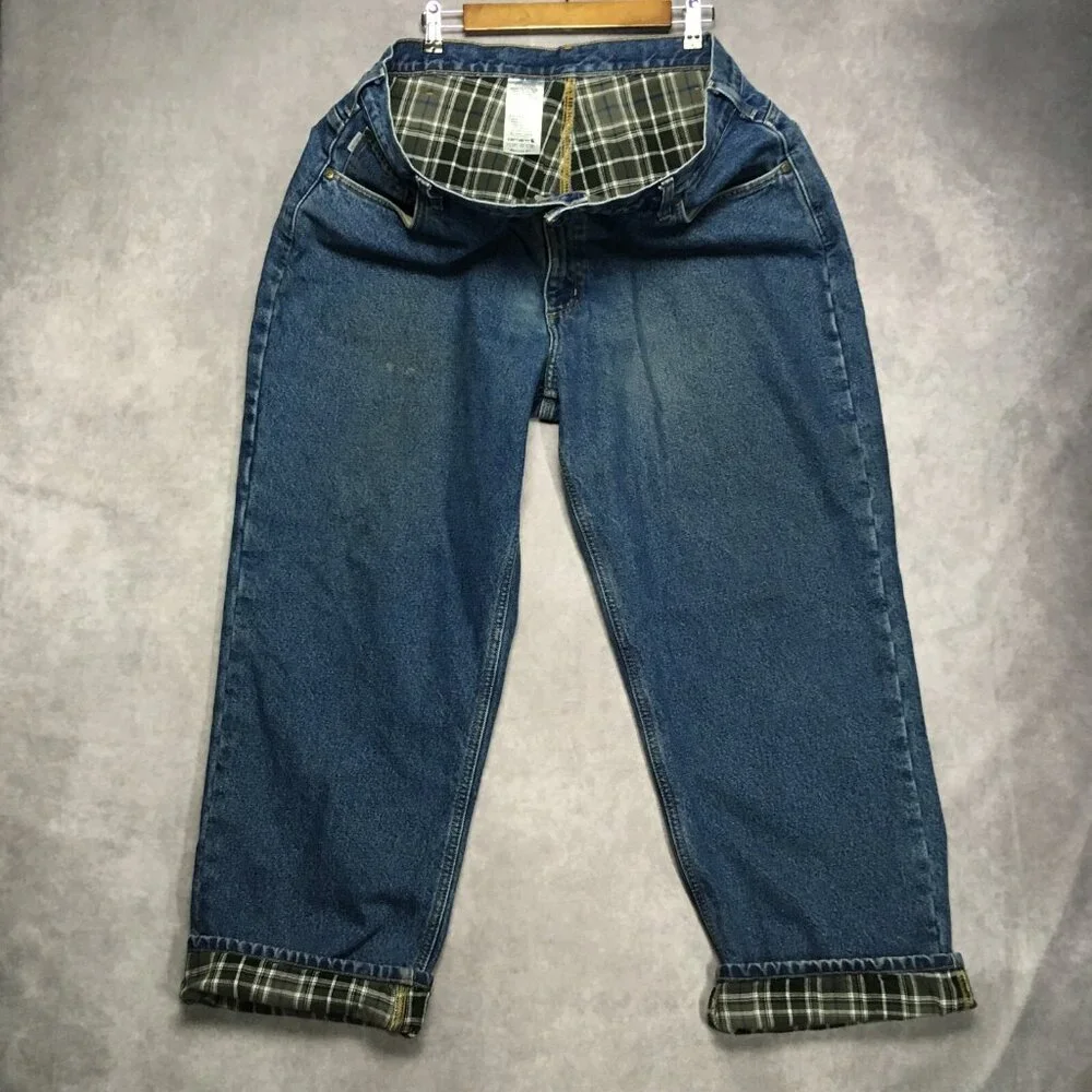 Carhartt Mens Flannel Lined Blue Jeans‎ size 42x30 Relaxed Fit Denim Work Trades